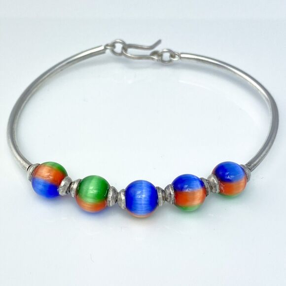 Vintage Jewelry - Vintage Sterling Silver 925 Multicolor Glass Tiger's Eye Bead Hook Bracelet 6.5"